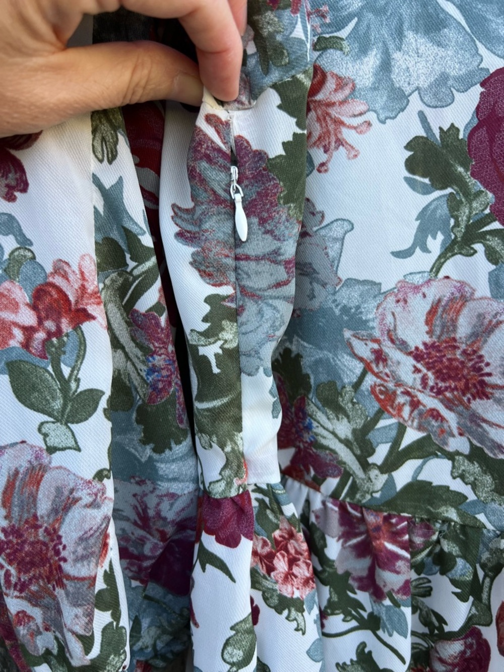 Romantic Floral V-Neck Peplum Blouse in White, Burgundy & Sage - Picture 5 of 6